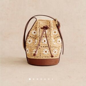 Sézane Mini Farrow Raffia Bucket Bag in Embroidery Multicoloured Flowers